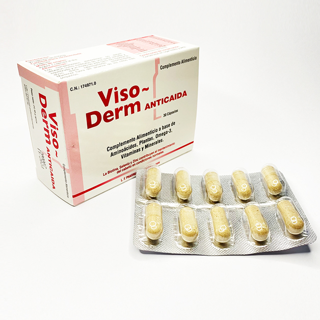 Viso-Derm Anticaída, 30 cápsulas. Complemento alimenticio que detiene y previene la caída de cabello de hombres y mujeres.